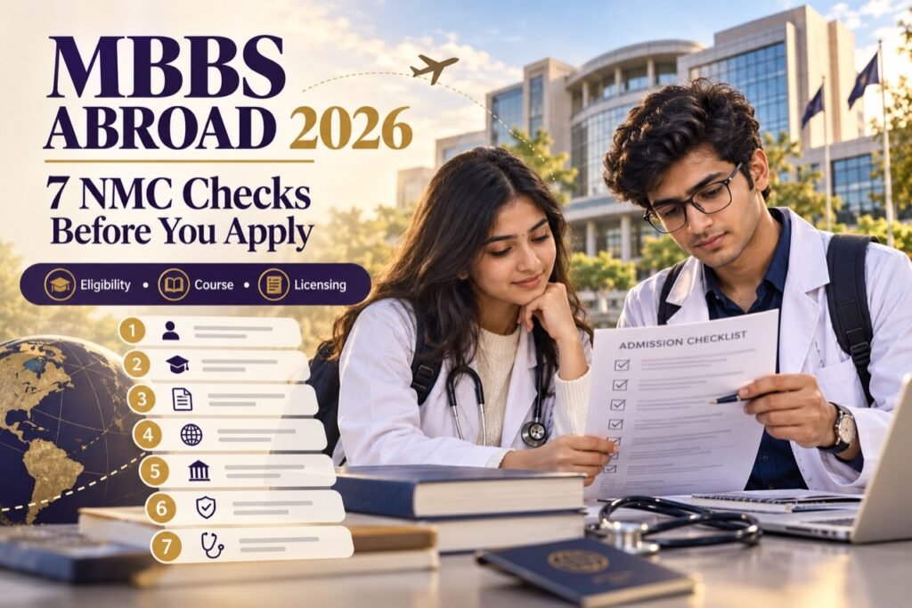 Indian medical students reviewing an admission checklist for MBBS abroad in 2026, with seven NMC checks before applying.