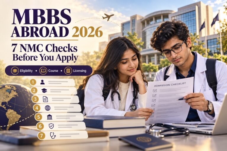 Indian medical students reviewing an admission checklist for MBBS abroad in 2026, with seven NMC checks before applying.