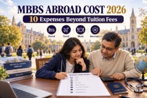 Indian student and parent planning an MBBS abroad budget, including hostel, travel, meals and insurance beyond tuition fees.