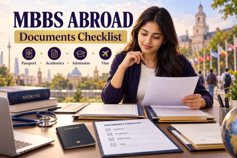 Indian student organising passport, academic records and admission documents for an MBBS abroad application