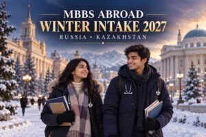 MBBS abroad winter intake 2027 illustration with Indian students in winter clothing and a snowy campus, representing Russia and Kazakhstan