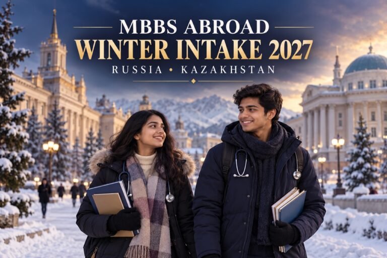 MBBS abroad winter intake 2027 illustration with Indian students in winter clothing and a snowy campus, representing Russia and Kazakhstan